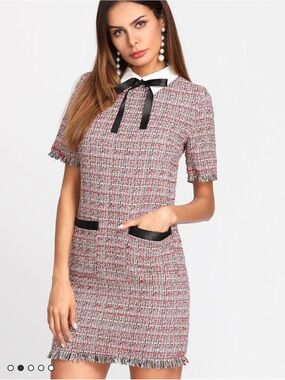 SHEIN Pink Tweed Mini Dress with White Collar and Black Bow Trim